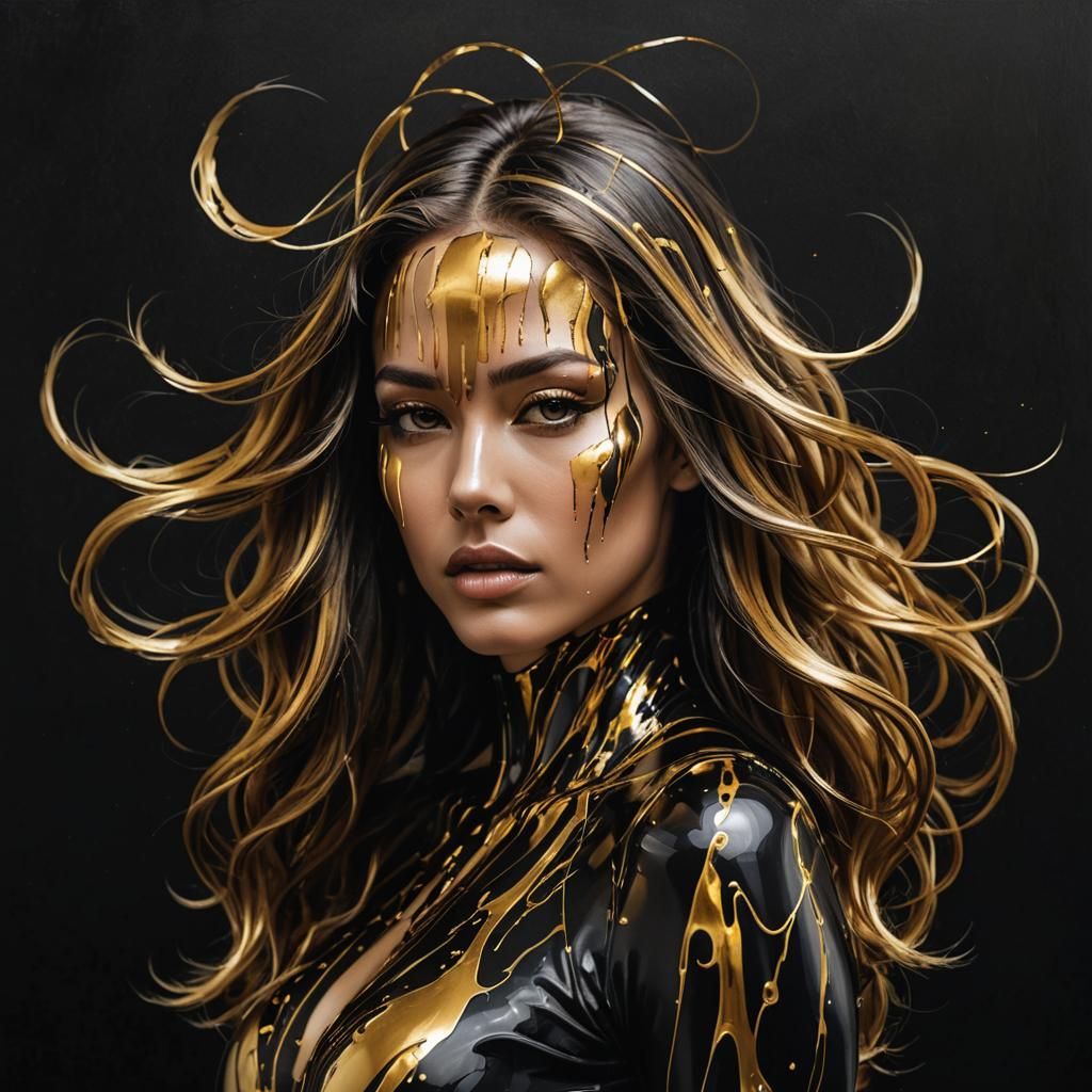 Futuristic Woman with Liquid Gold Hair, Photorealistic Art