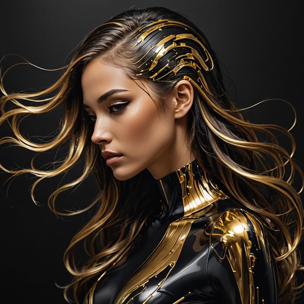 Futuristic Woman in Black and Gold Bodysuit