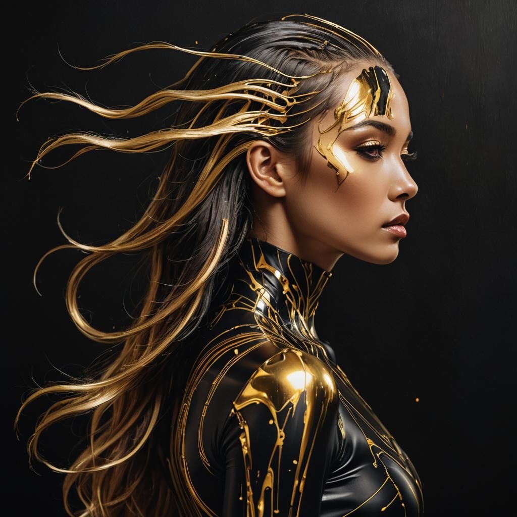 Futuristic Woman in Black and Gold Bodysuit