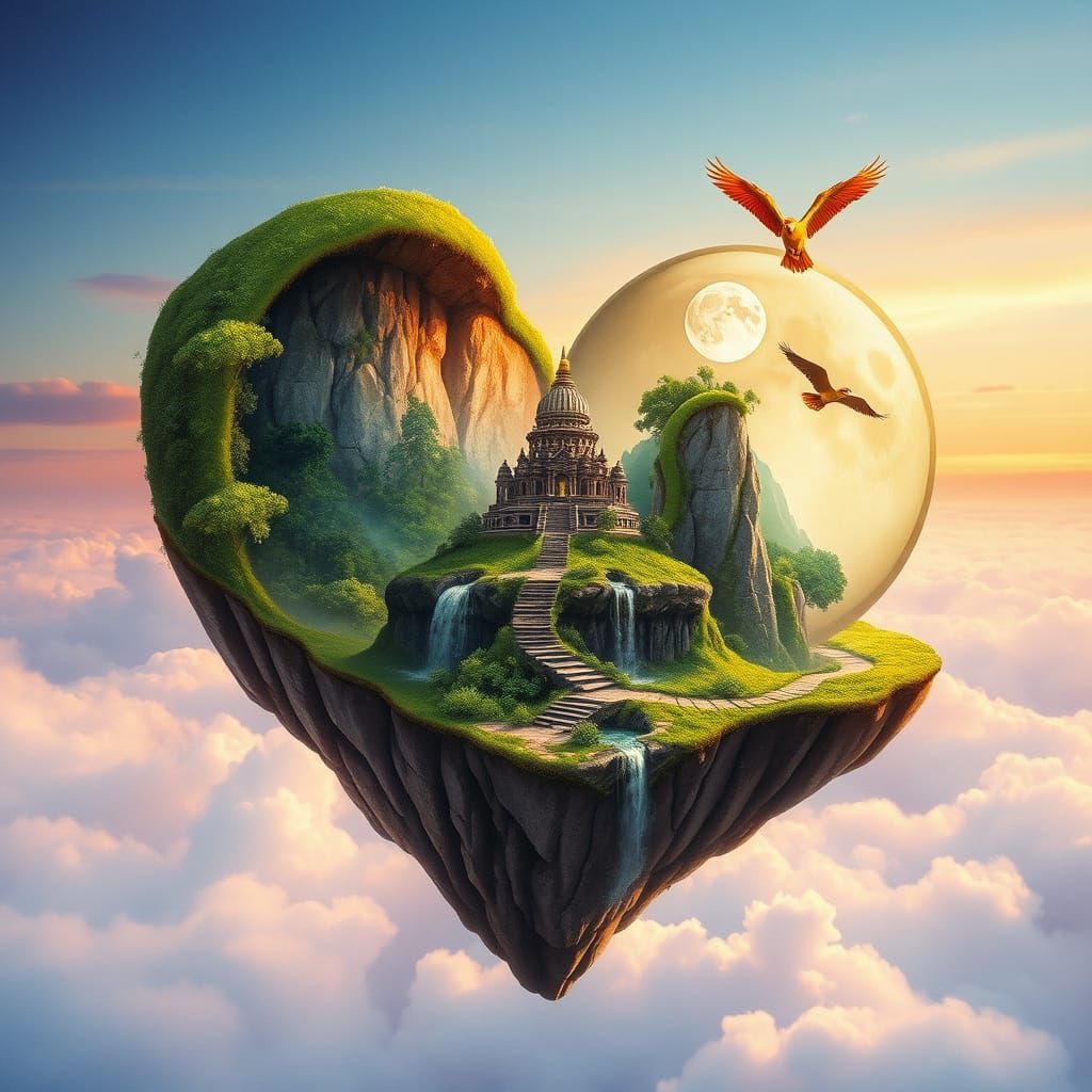 Heart-Shaped Island Temple in Watercolor