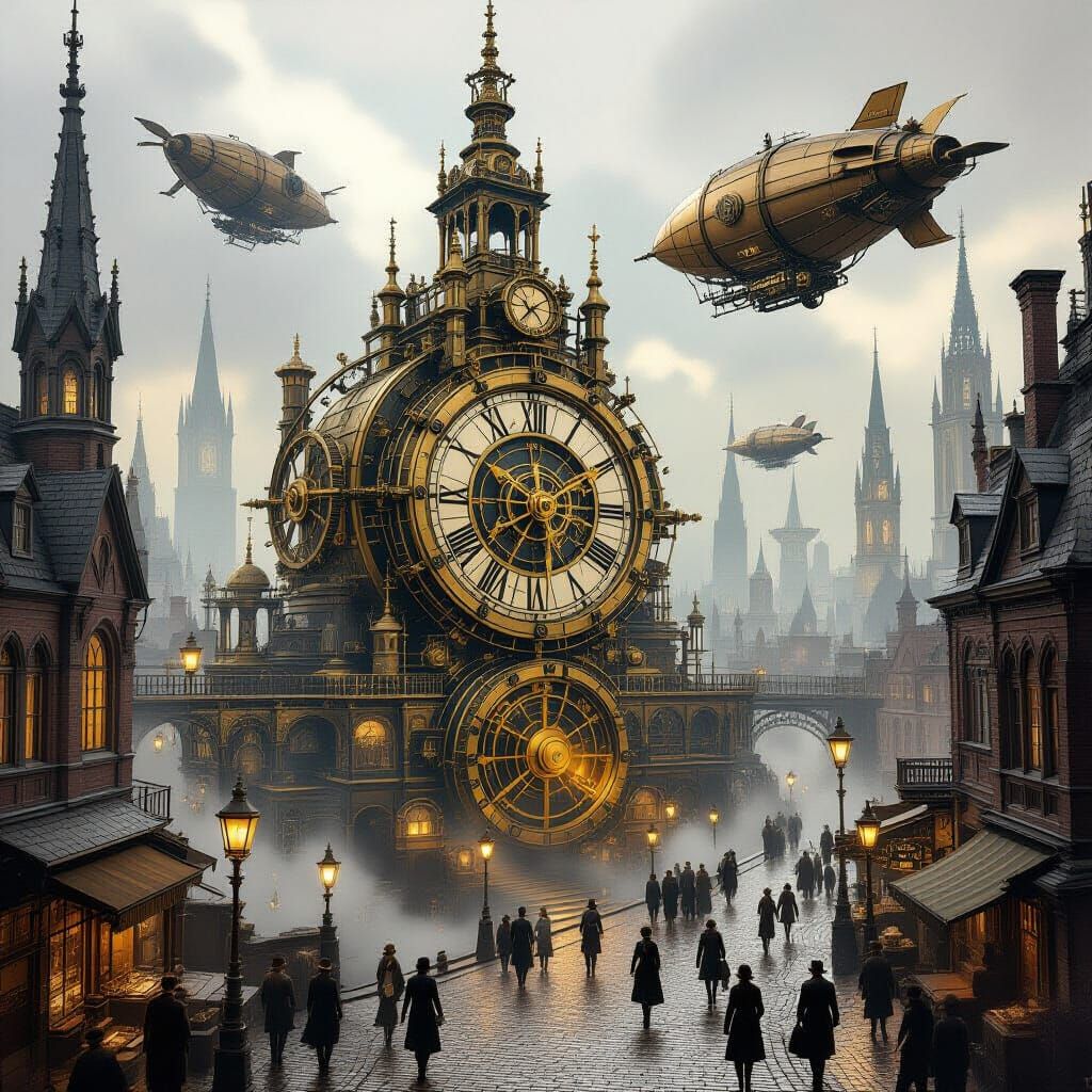 Steampunk City with Clockwork Heart and Airships