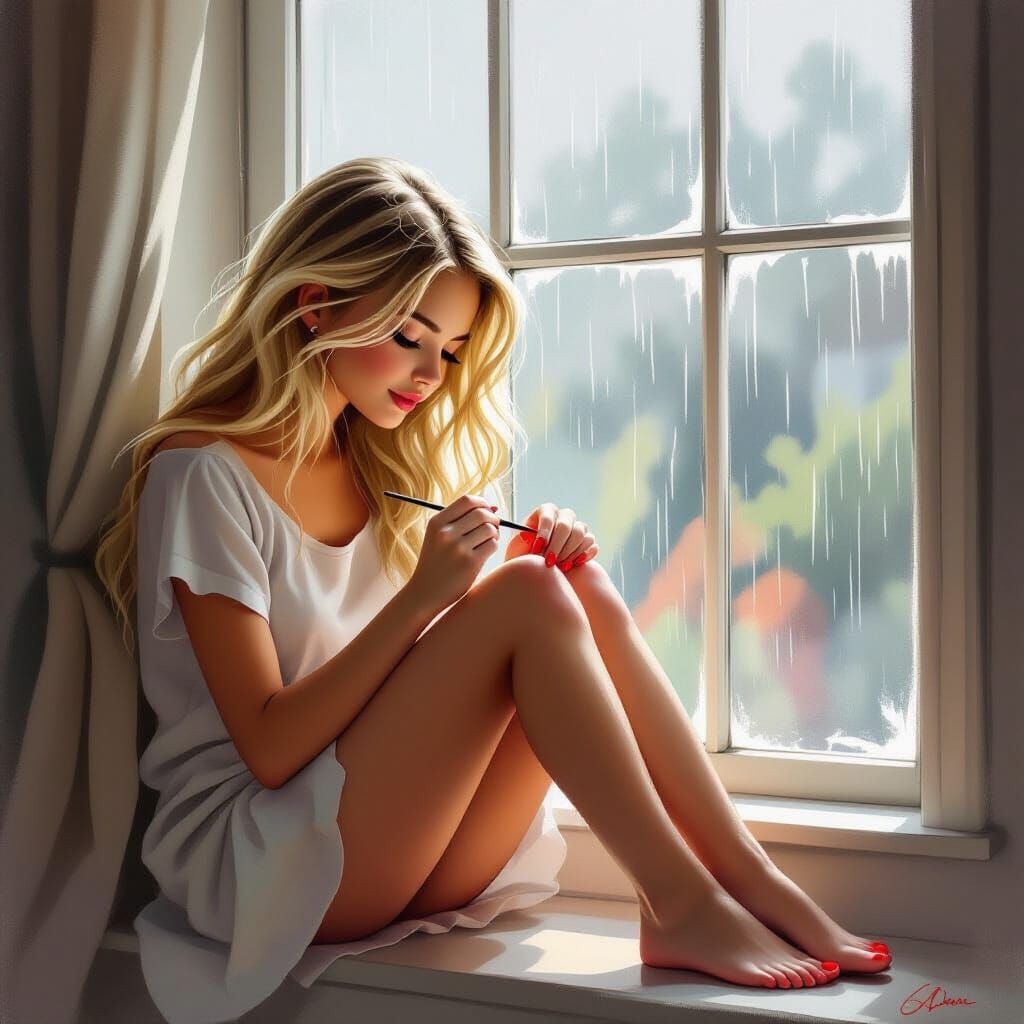 Blond Girl Painting Toenails by Window