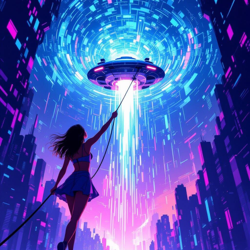 Woman Ascends from Digital Abyss to Flying Vehicle in Neon L...