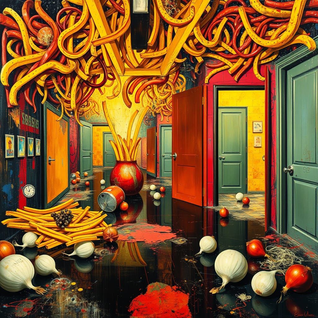 Surreal Oil Painting: Chaotic Emptiness with Fries