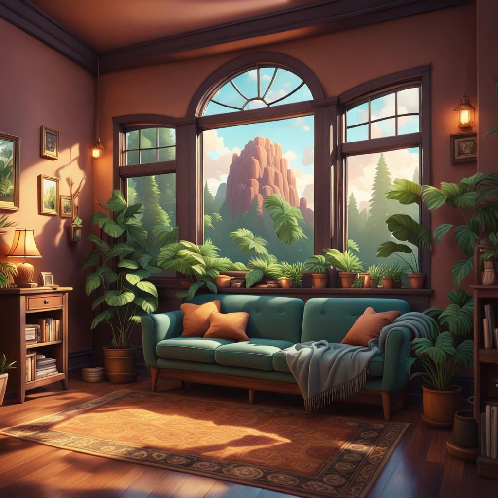 Cozy Lofi Room with Forest View, Digital Matte Painting