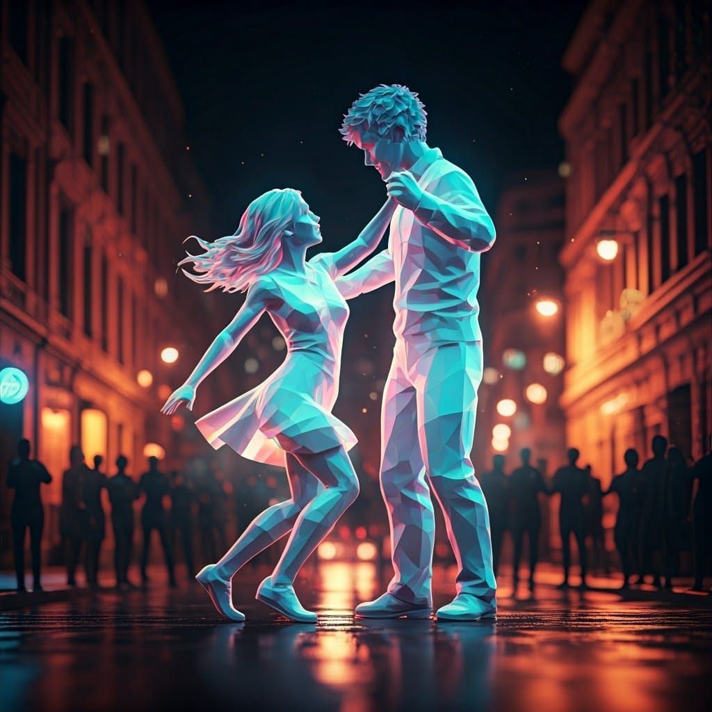 Surreal Holographic Couple Dances in Neon-Lit Cityscape