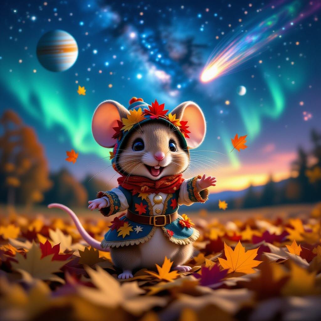 Chibi Mouse Plays in Autumn Leaves Under Starry Night Sky