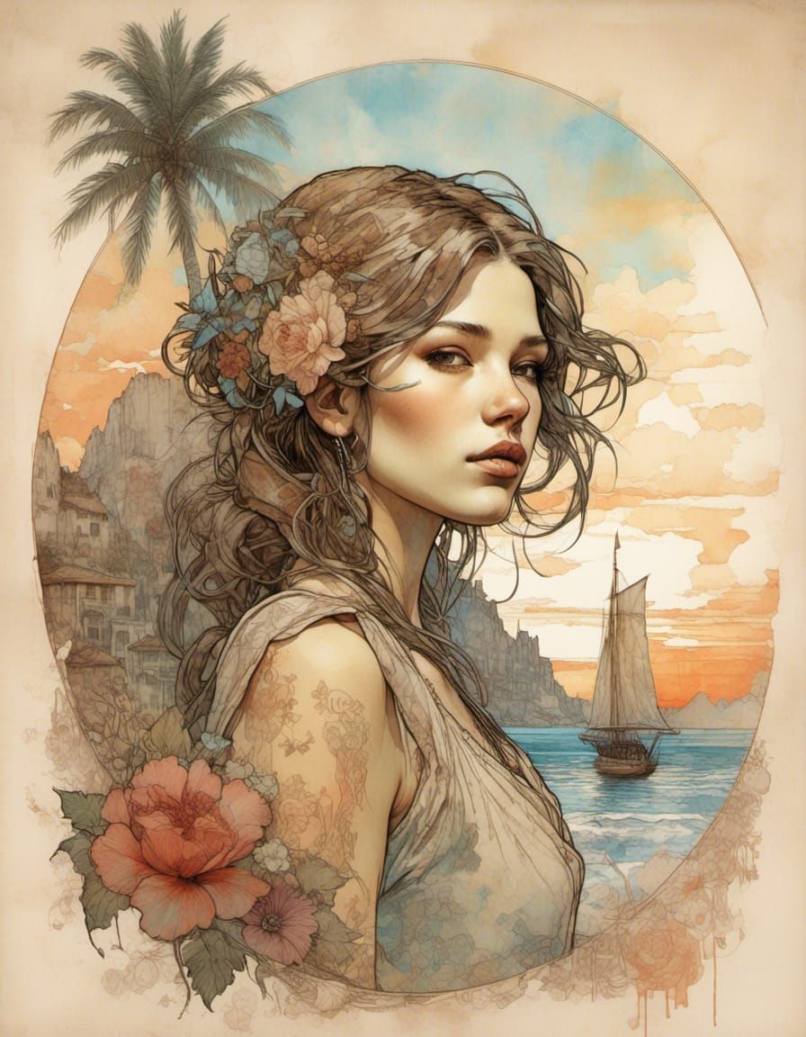 Art Nouveau Schooner at Sunset Watercolor