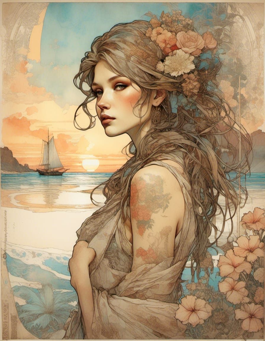 Art Nouveau Schooner Logo with Girl on Beach