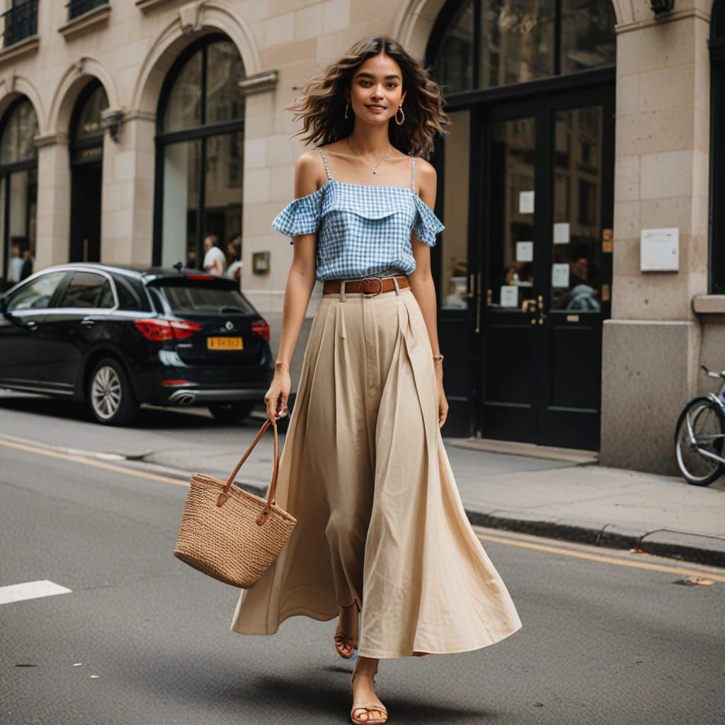 A flowy midi skirt with a coordinated top in oversized gingh...