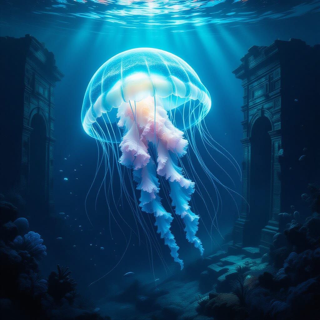 Bioluminescent Jellyfish Illuminates Deep-Sea Ruins