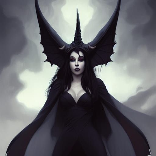 Demon Woman Portrait with Horns and Wings