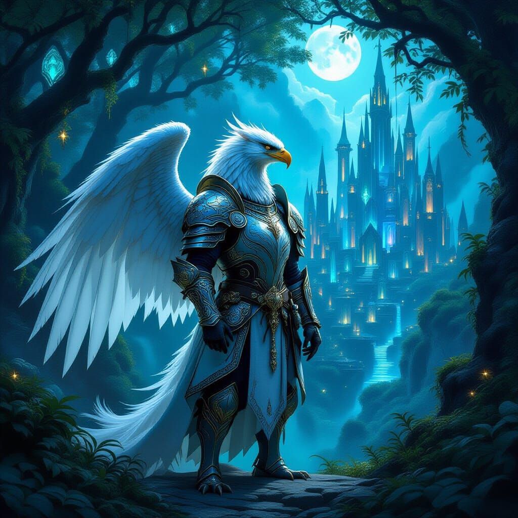 Griffin Guards Elven City in Bioluminescent Forest