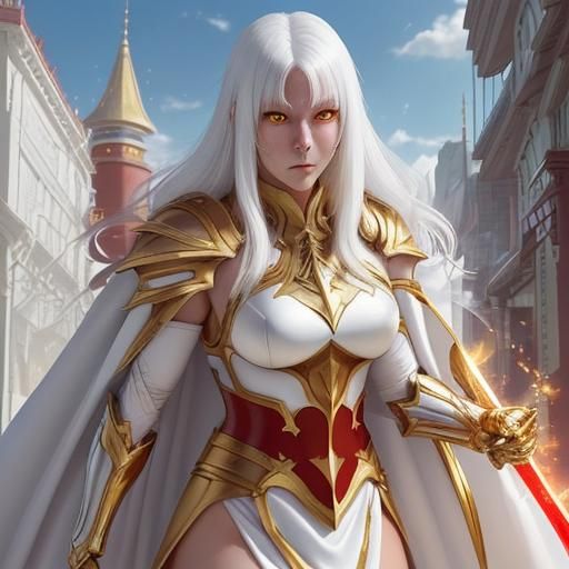 Anime Paladin Woman with Red Blood Streaks