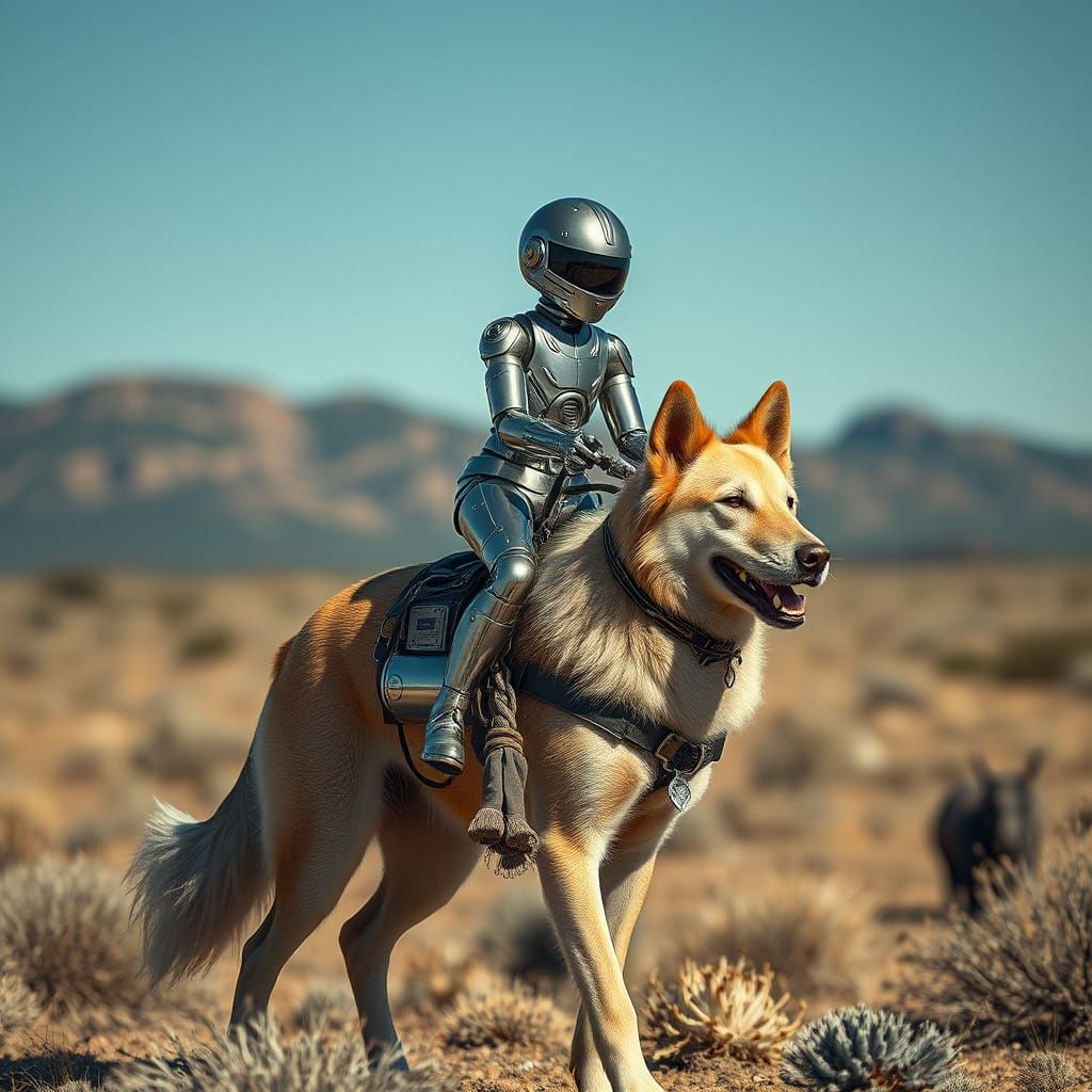 Silver Android Rides Dog in Wild West Landscape