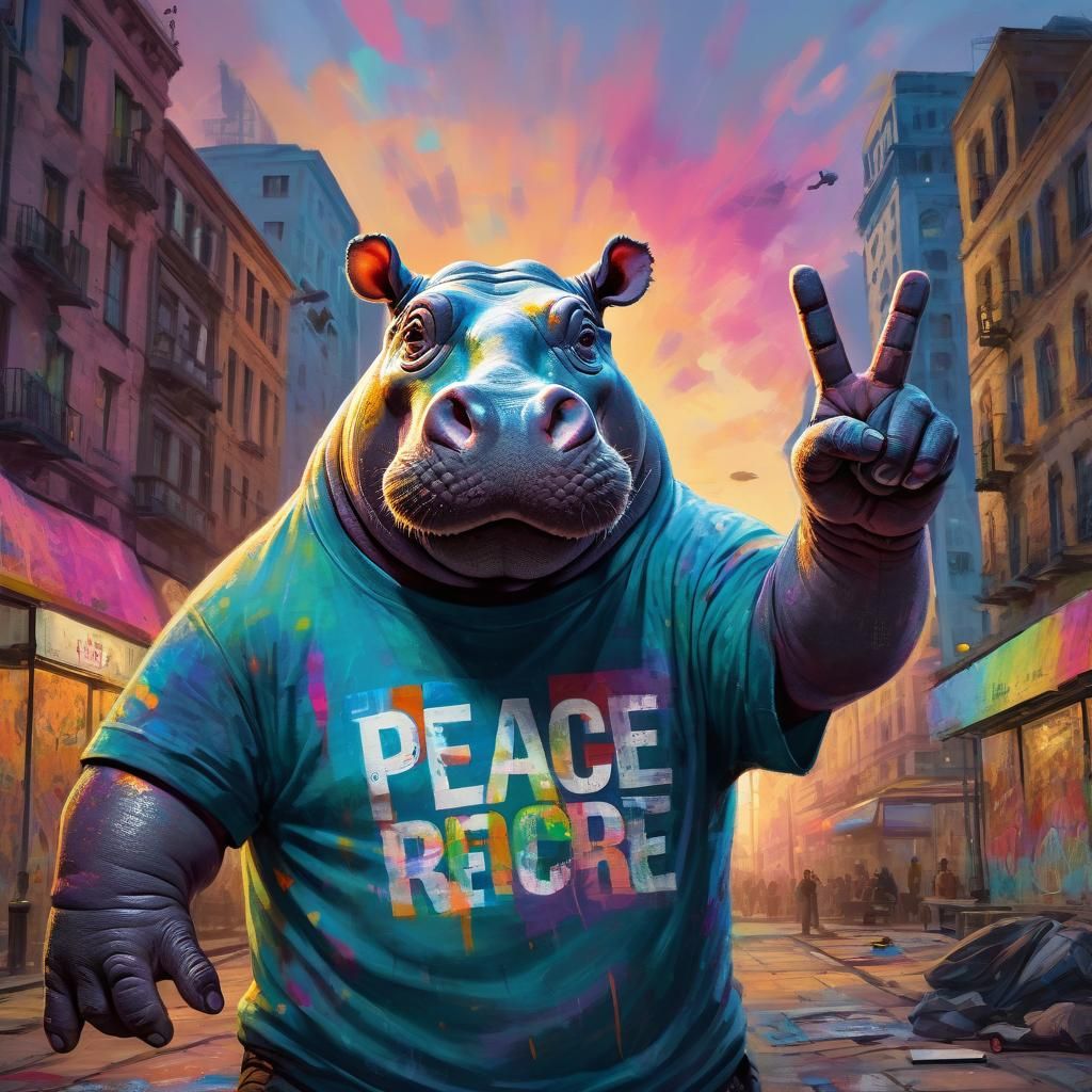 Hippo Peace Activist in Vibrant Oil Painting