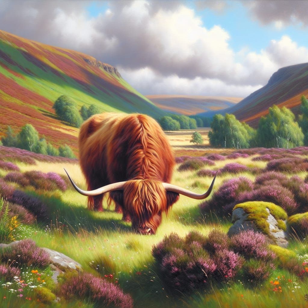 Highland Bull in Scottish Highlands Oil Painting