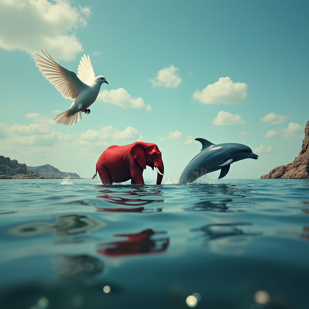 Dove, Elephant, and Dolphin in Hyperrealistic HDR