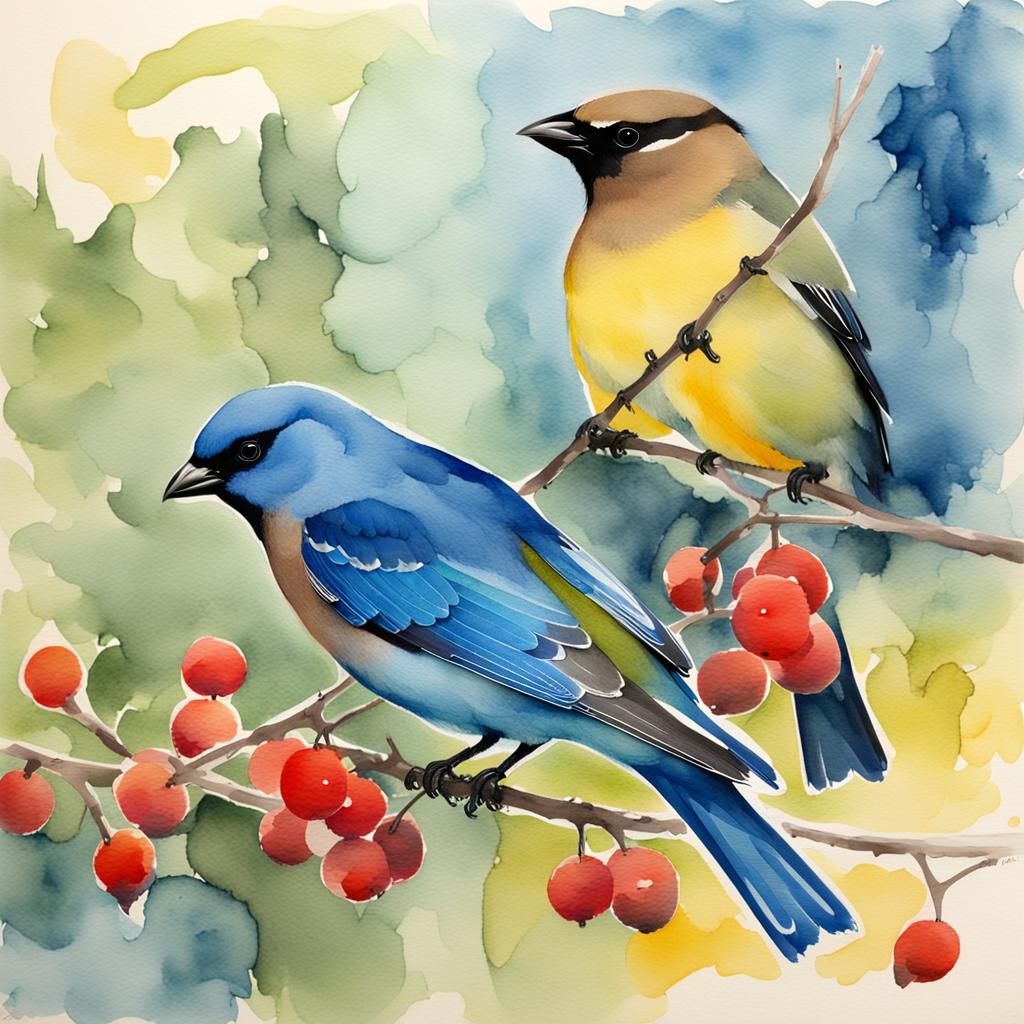 Abstract Watercolor Indigo Bunting and Waxwing