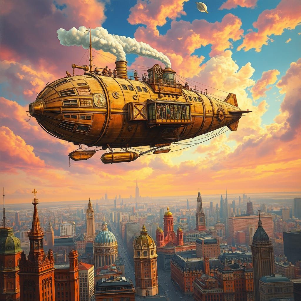 Steampunk Airship Soaring in a Pastel Sky