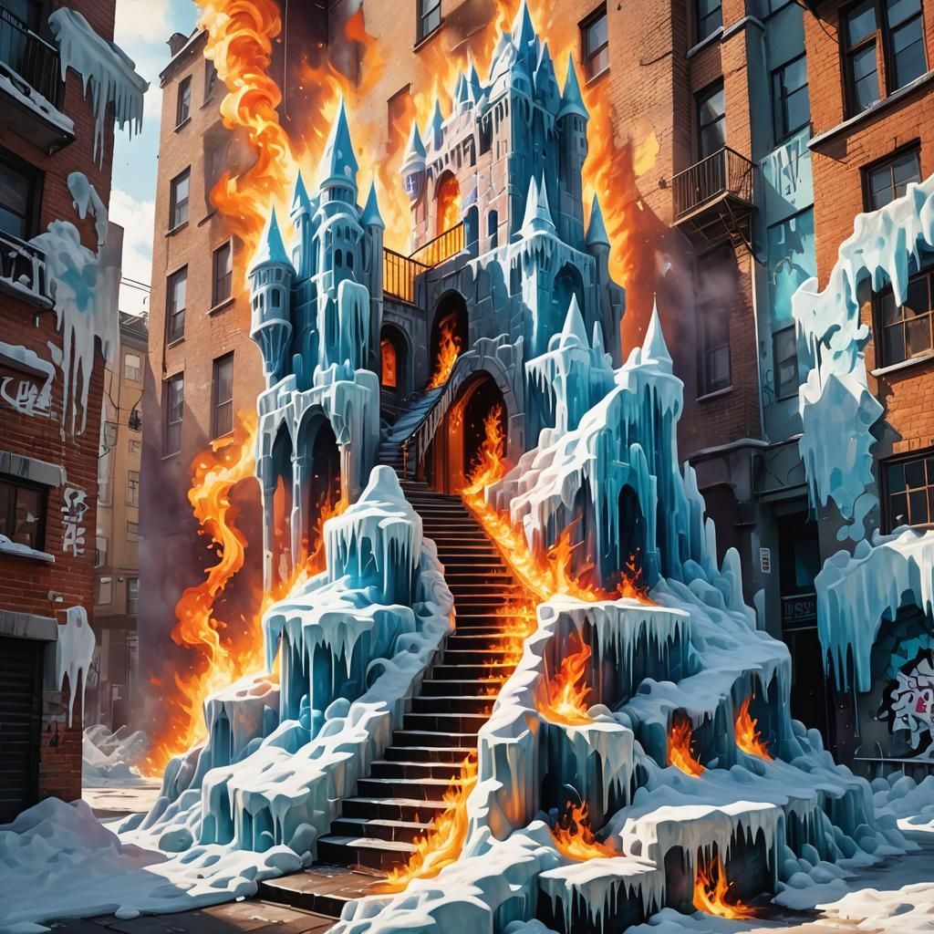 Ice Castle with Fire Staircase in Graffiti Art
