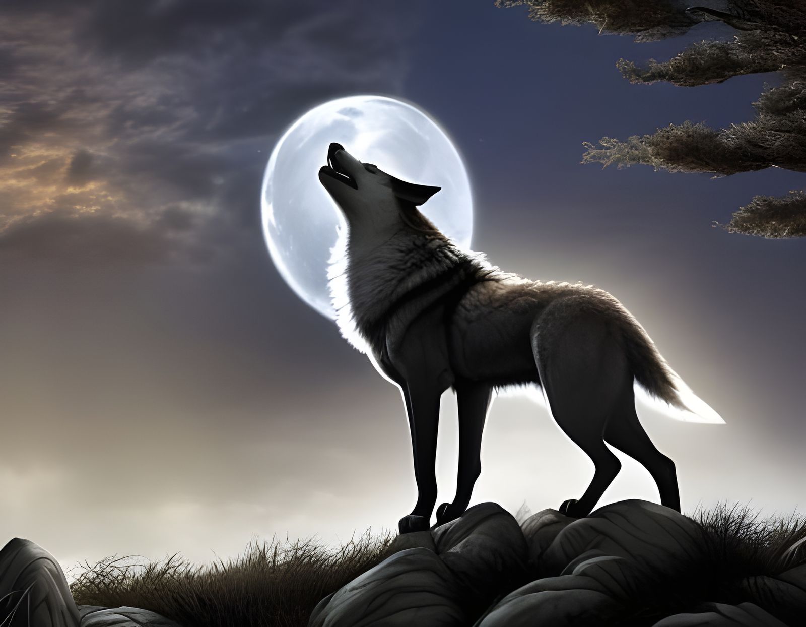 Geometric Wolf Howling at Moon in Cubist Art Deco Style