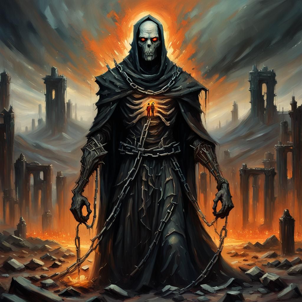 Dark Fantasy Figure in Wasteland with Glowing Souls