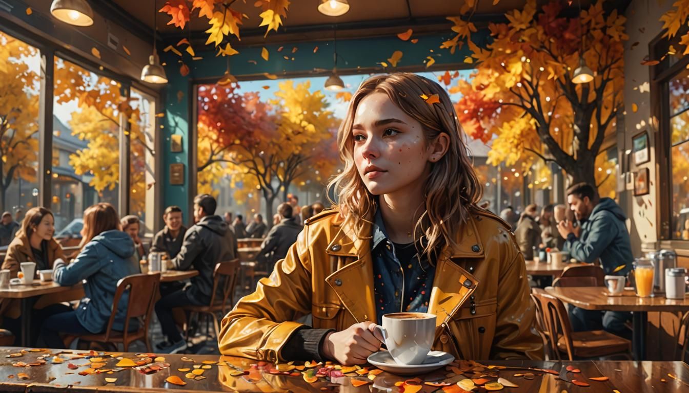 Autumn Cafe in Hyperrealistic Splash Art Style