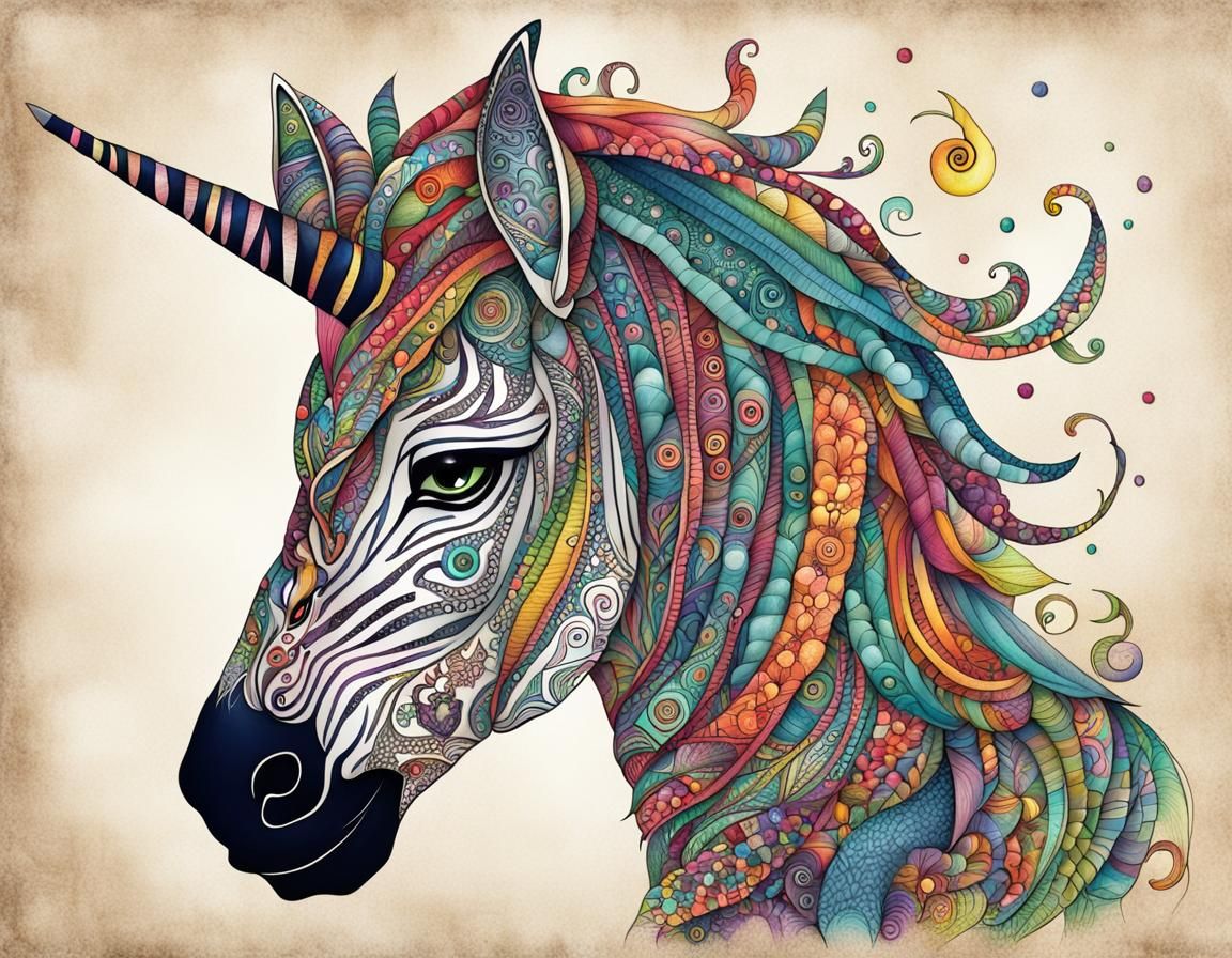 Whimsical Zentangle Zebracorn Poster in Colored Inks