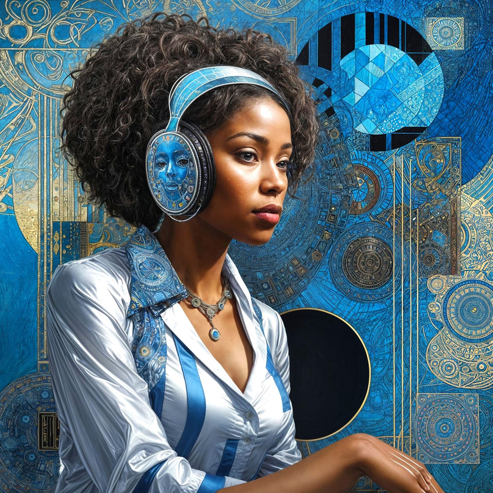 Black and blue only a mixed media portrait of a female afric...