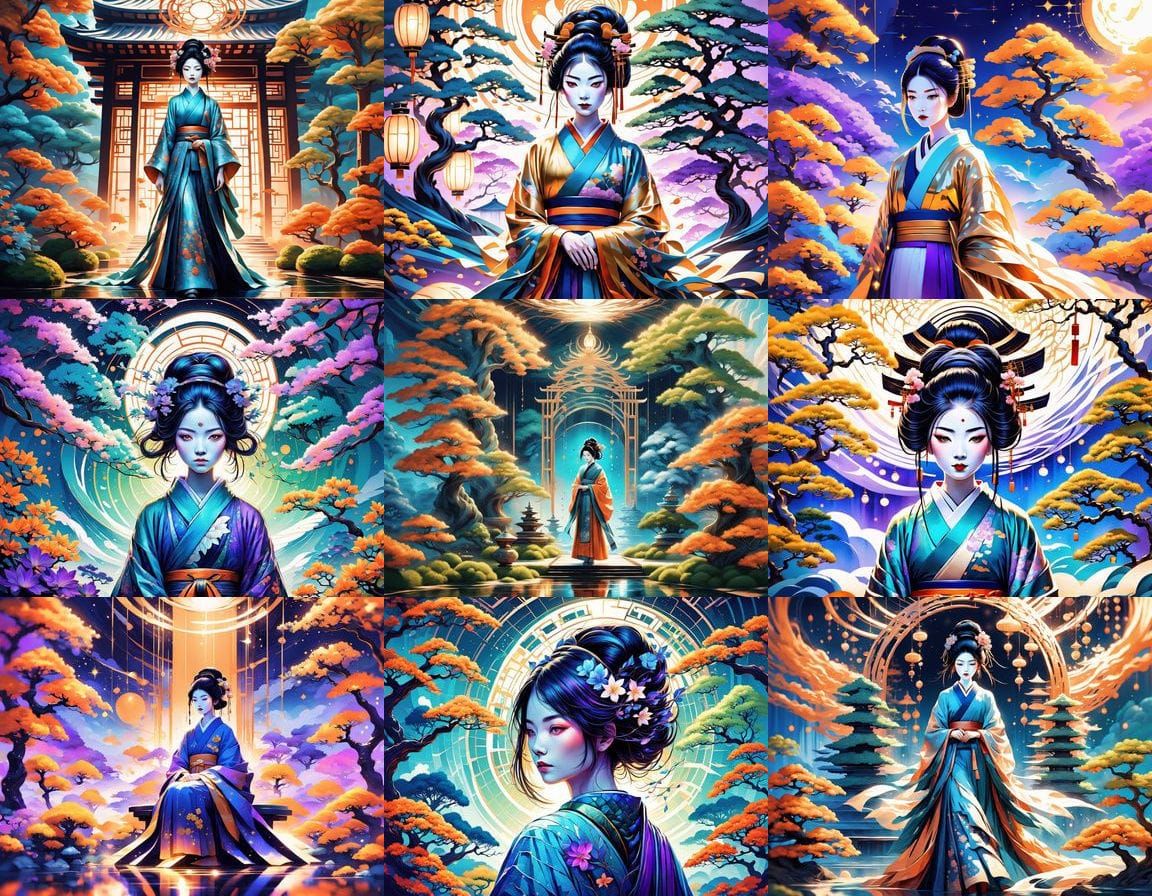 Surreal Geisha in Vibrant Twilight Garden