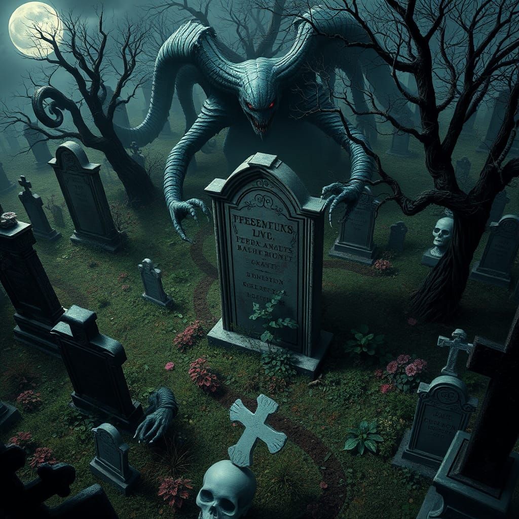 Eerie Horrorpunk Graveyard in Noir Landscape