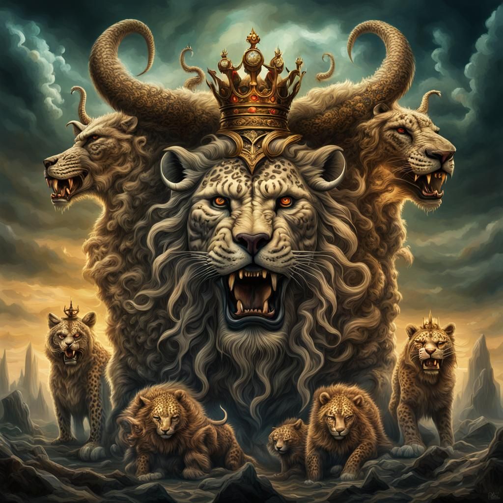 Surreal Seven-Headed Mythical Beast in HDR