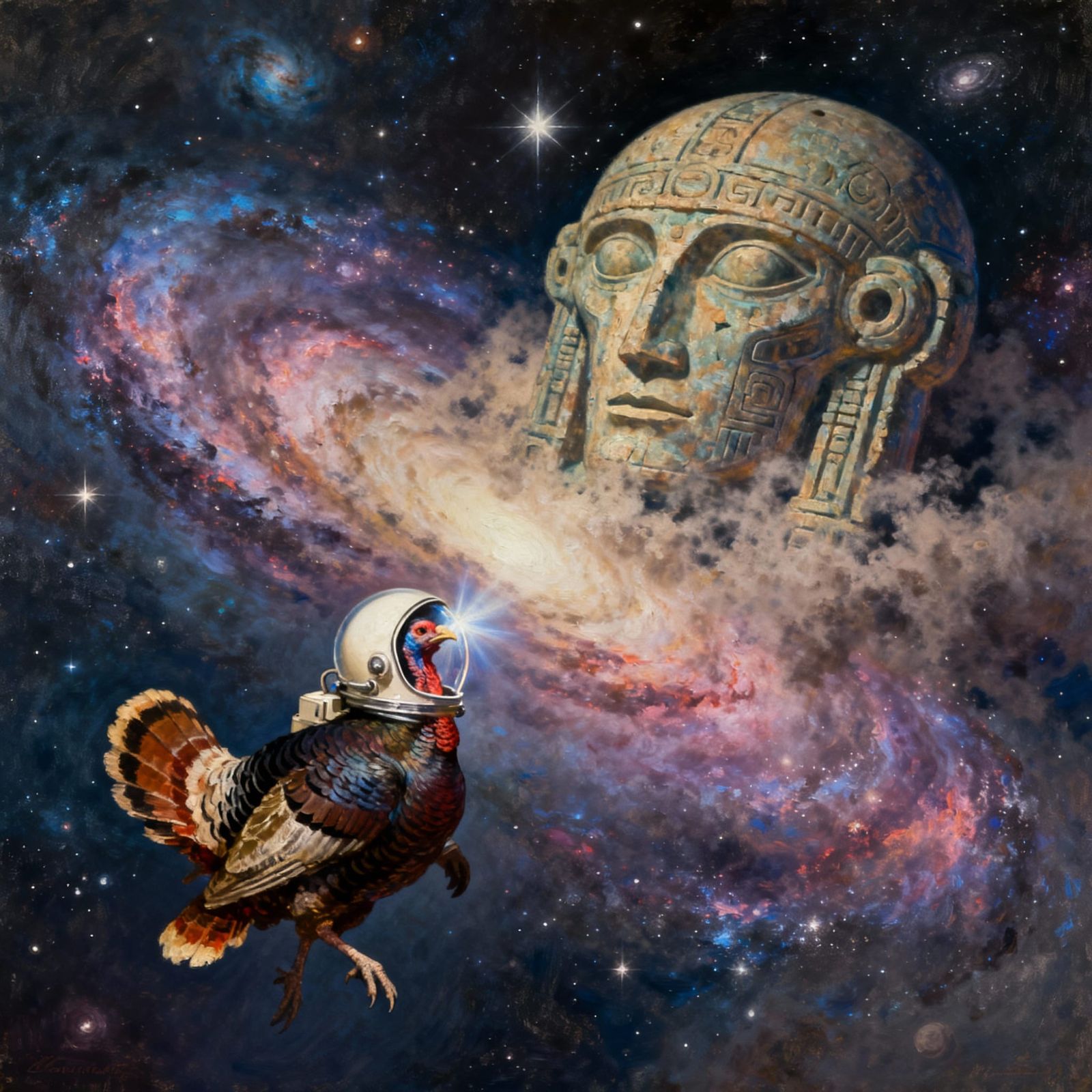 Astronaut Turkey in Cosmic Nebula - Surreal Oil Painting