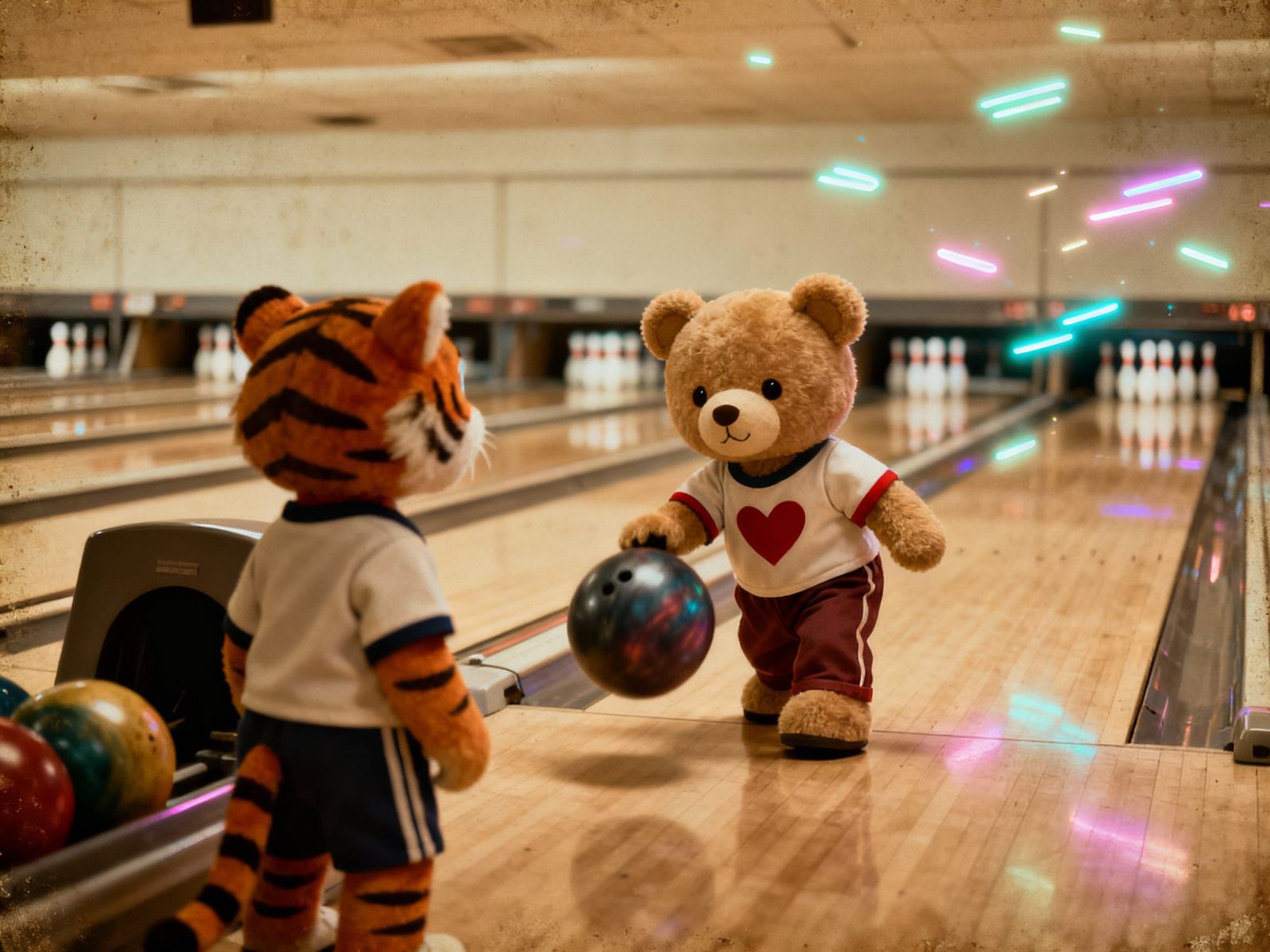 Cute Tiger and Teddy Bear at Bowling Alley