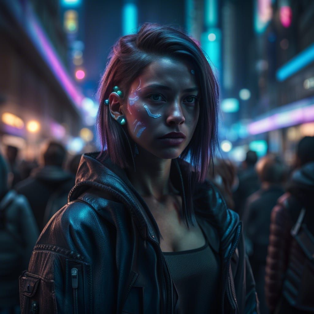 Cyberpunk girl, walking through the crowd in a Night City in...
