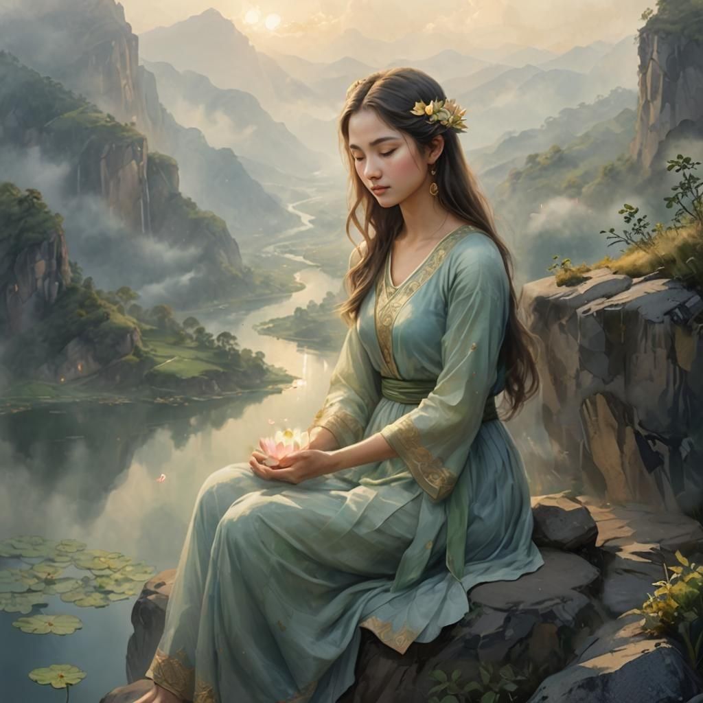 Serene Woman with Lotus Flower in Misty Valley