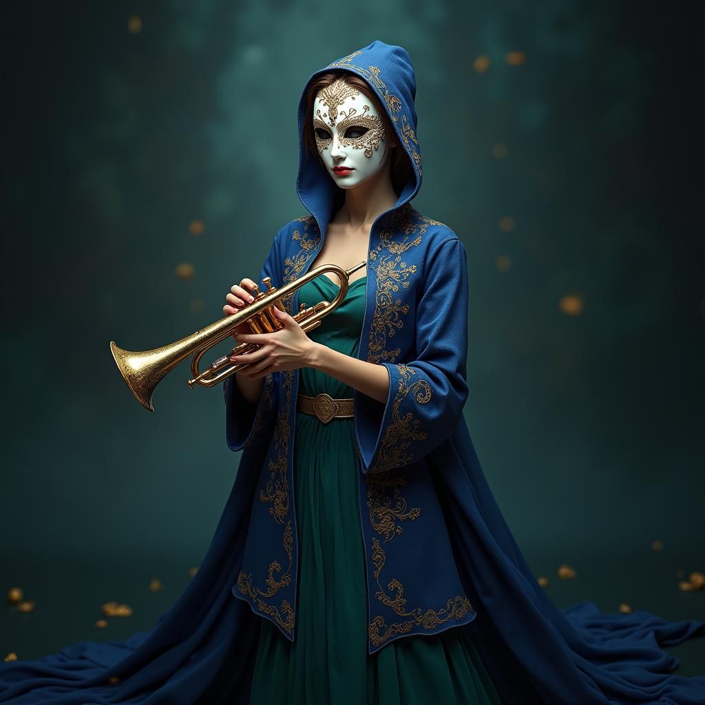 Mystical Woman with Trumpet in Dreamlike Realm