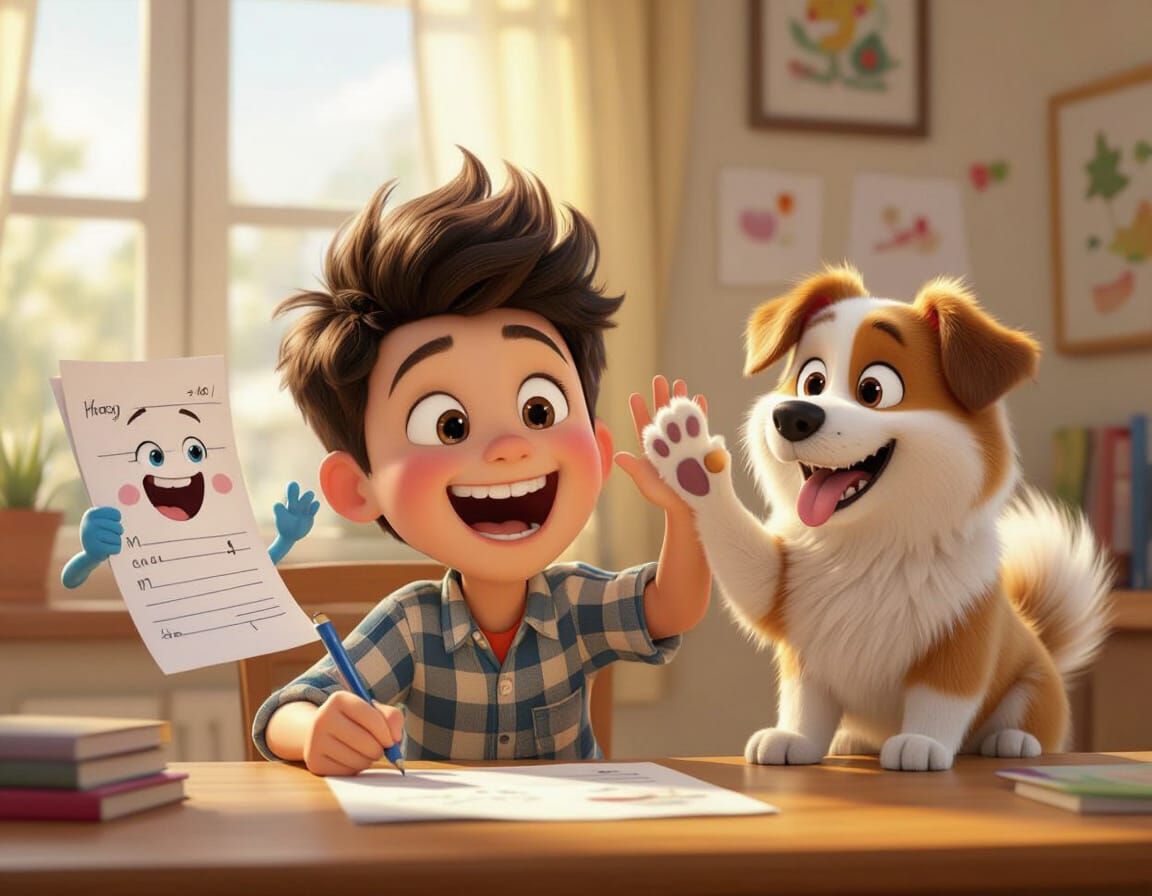 Pixar Style Boy Laughing While Writing With Cheerful Dog