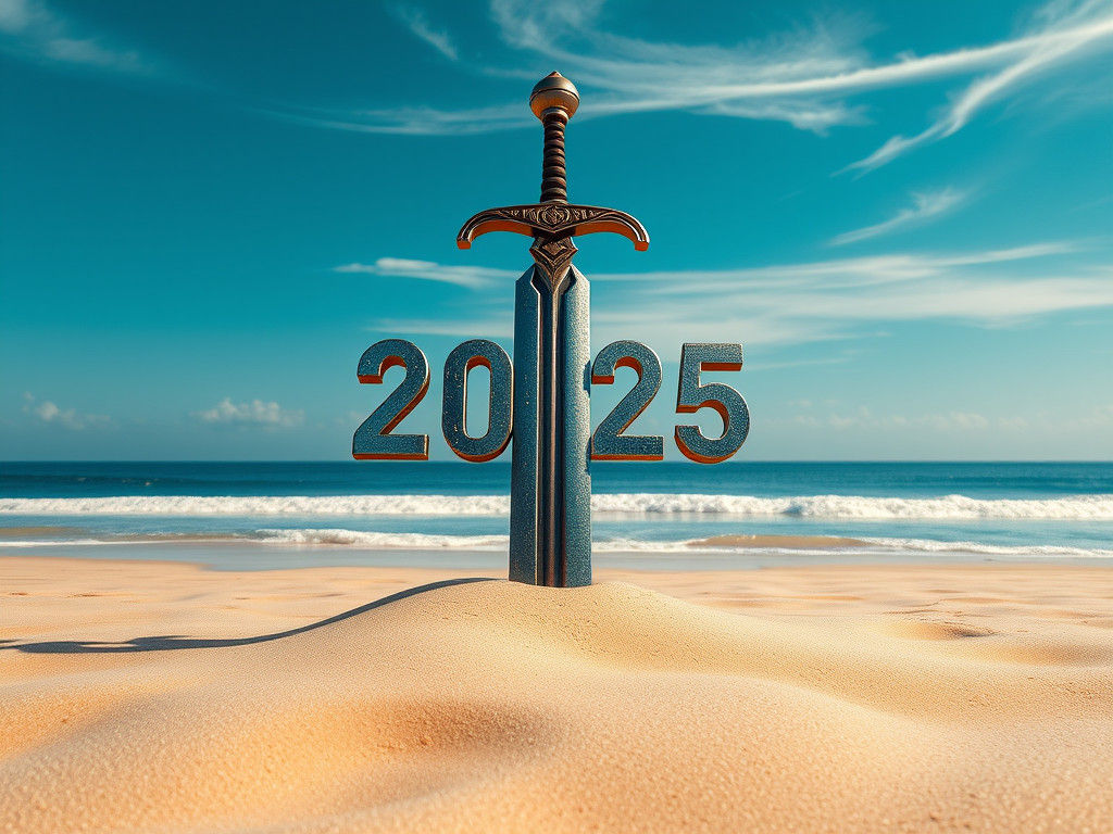 Sword Arises from Beach Sand with Metallic Numerals