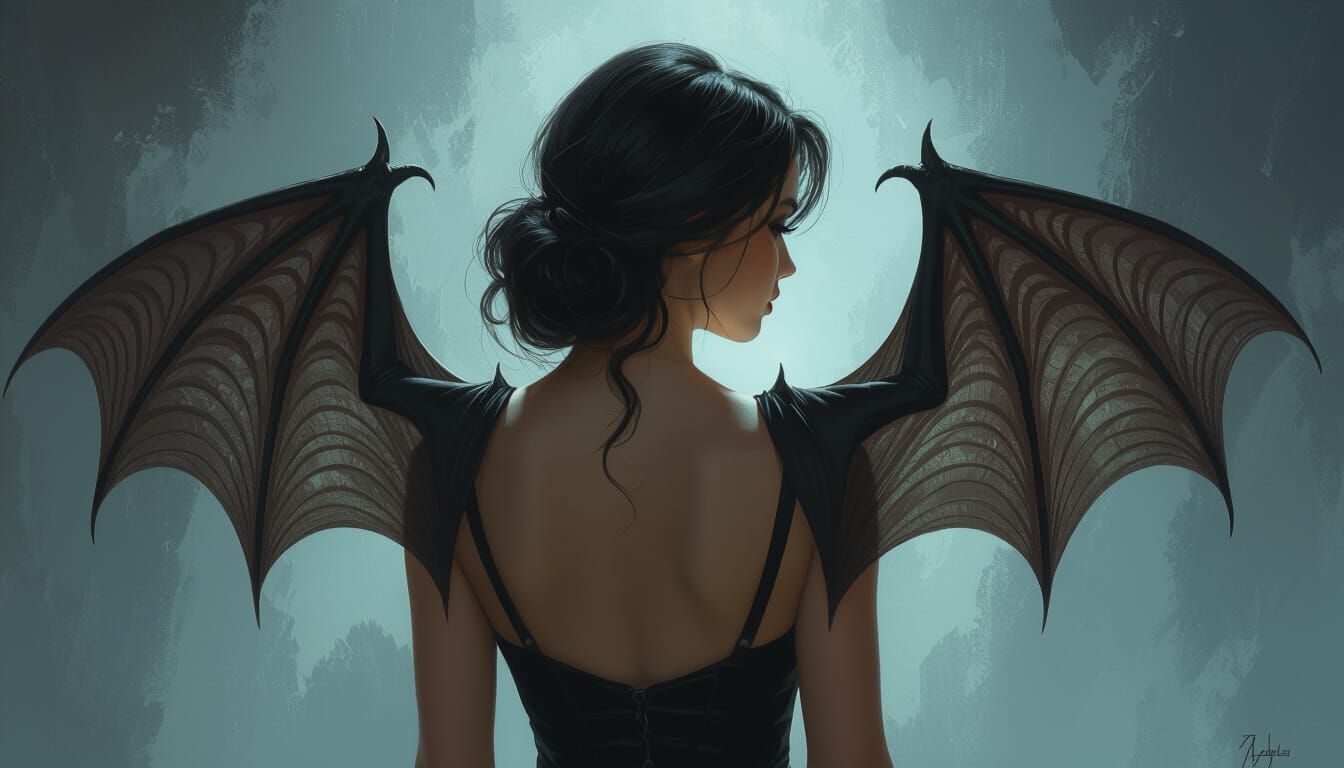 Young Woman With Bat Wings and Tail, Dramatic Lighting