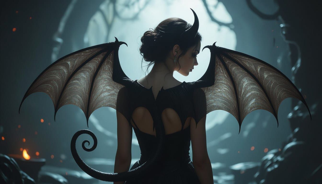 Mysterious Woman with Bat Wings in Dark Fantasy Style
