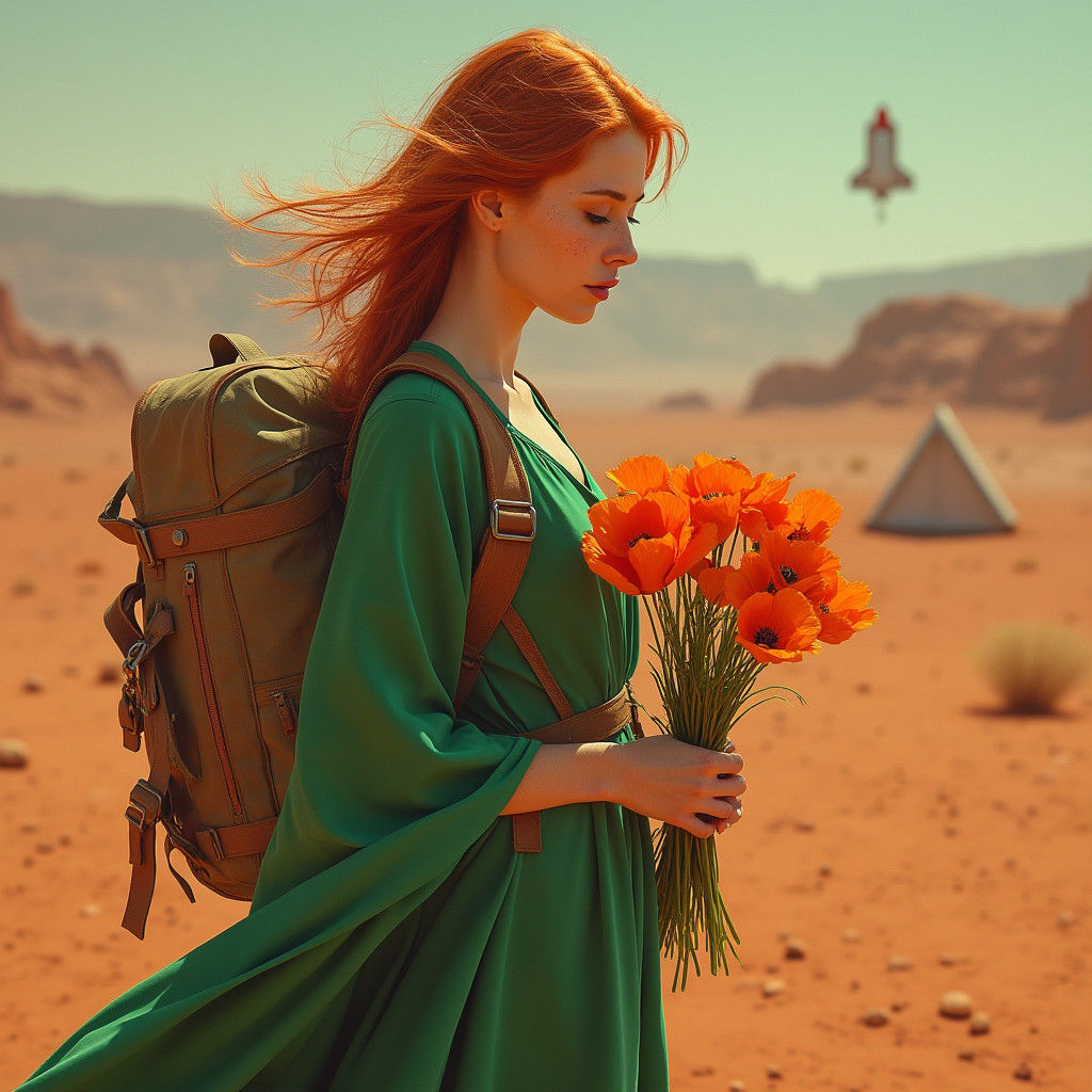Woman on Mars with Poppies: Surreal Sci-Fi Art