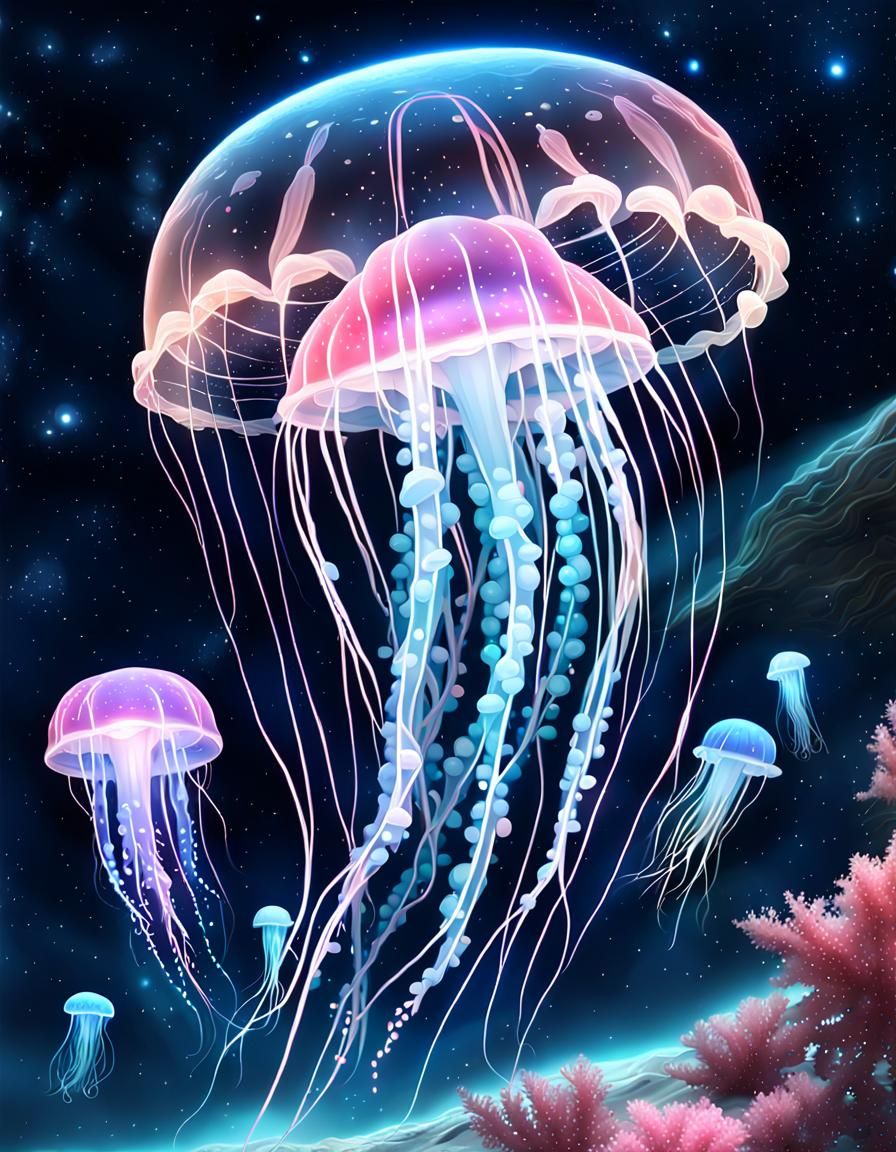 Bioluminescent Jellyfish Swimming in Milky Way