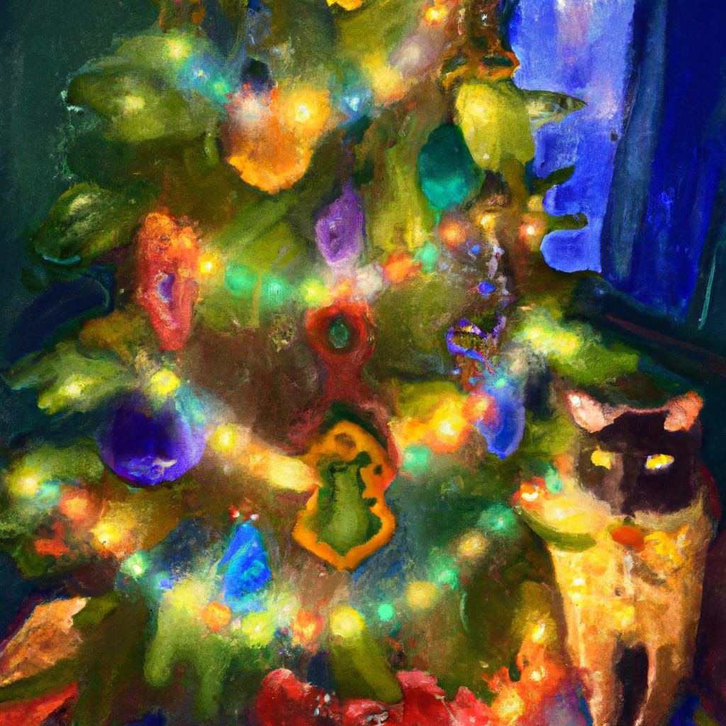 Festive Cat Under Christmas Tree Painting