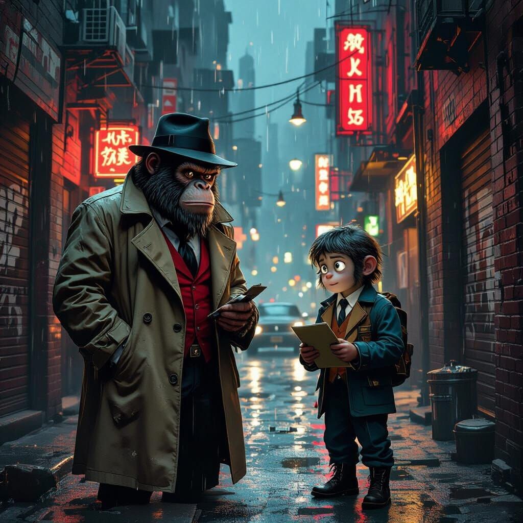 Ape Detectives Investigate Crime Scene in Film Noir Style