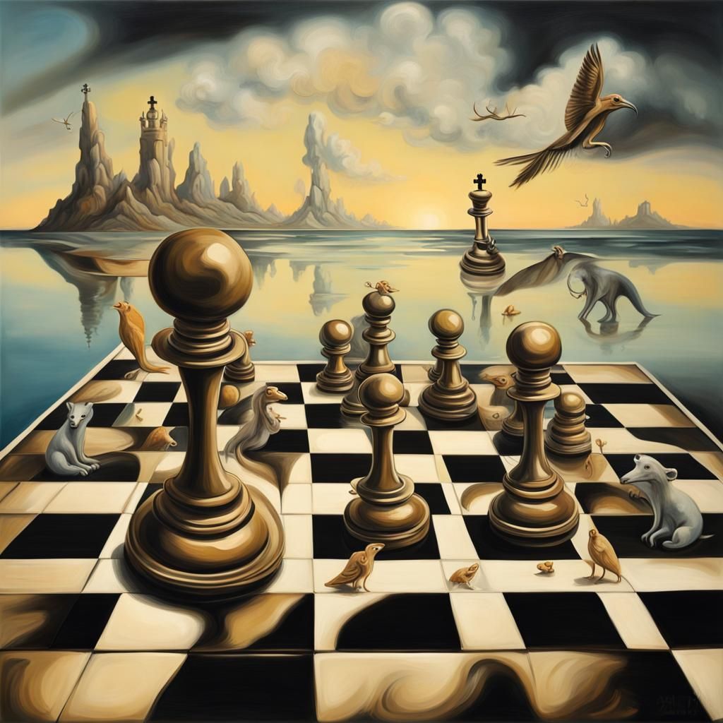 Surreal Chessboard with Animals, in Salvador Dali Style