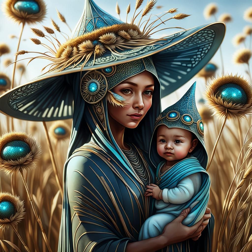 Futuristic Mother Goddess with Baby in Hyperdetailed Style