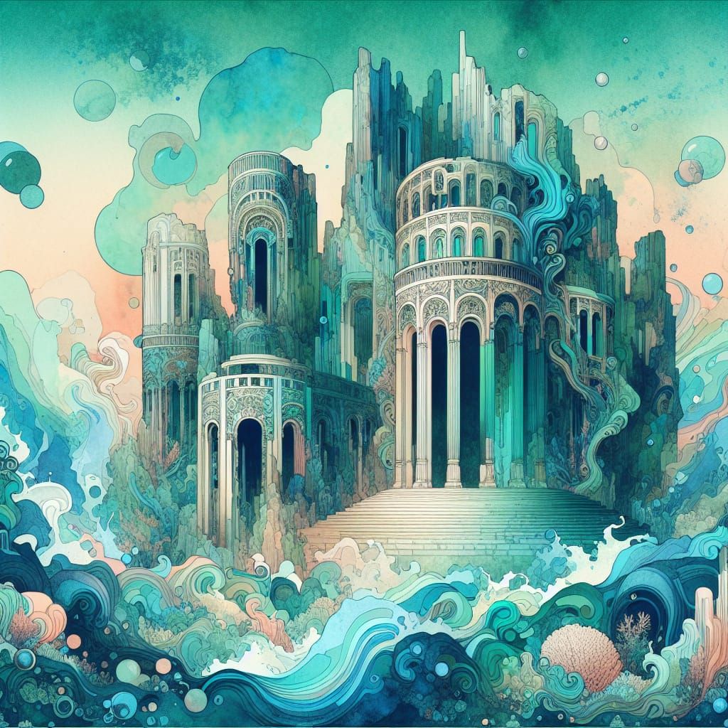 Underwater Atlantis Ruins in Art Nouveau Style