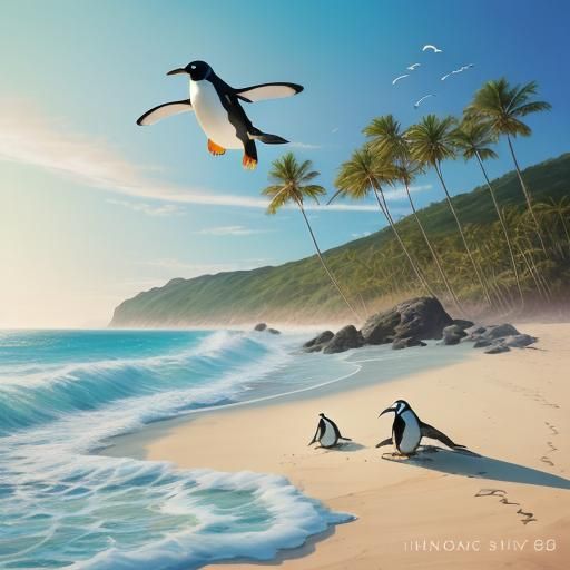 Penguin Photobomb on Beach: Vibrant Digital Art